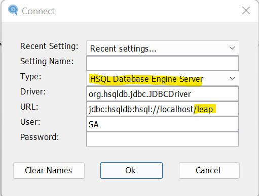 HSQLDB Connection Wizard Example